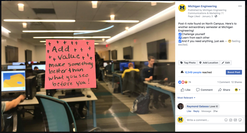 Values post-it notes campaign shared on social media.